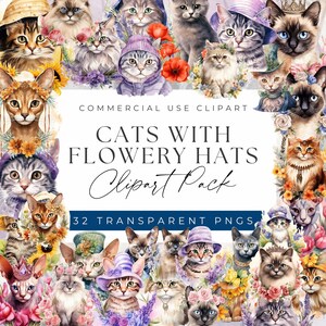 Ensemble de cliparts chats floraux - adorables chats avec des chapeaux fleuris clipart, clipart à usage commercial, PNG transparents