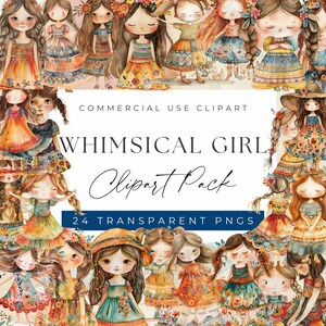 Whimsical Girl Clipart - Boho Style Little Girl Design clipart, Clipart para uso comercial, PNGs transparentes