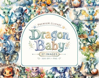 May include: A collection of 37 digital illustrations featuring baby dragons in various colors and poses, including blue, green, and orange creatures. The central text reads PREMIUM CLIPART Dragon Baby 37 IMAGES 300 DPI PNG with decorative stars.