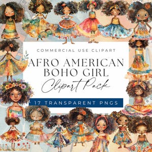 Imágenes prediseñadas de una chica afroamericana bohemia caprichosa: imágenes prediseñadas de diseño bohemio elegante y con estilo, imágenes prediseñadas para uso comercial, PNG transparentes