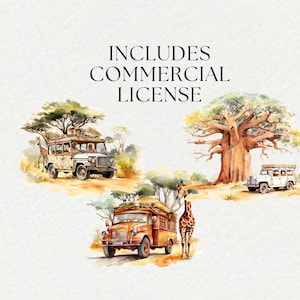 May include: Watercolor illustration featuring safari vehicles, giraffes, and a large tree. The image includes the text "INCLUDES COMMERCIAL LICENSE". The vehicles are in shades of orange, white, and beige, set against a backdrop of trees and a light background.