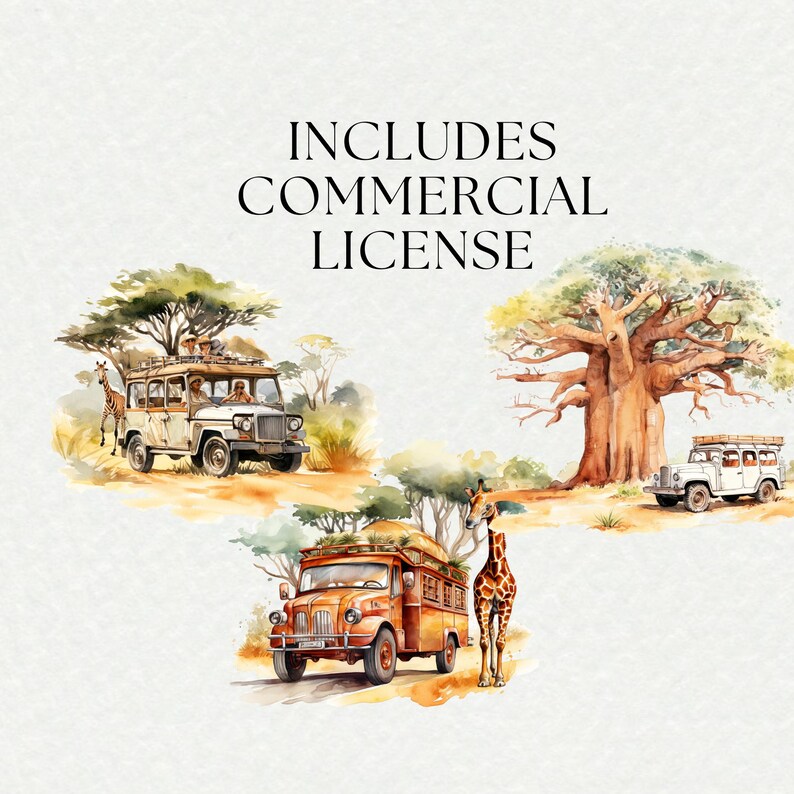 May include: Watercolor illustration featuring safari vehicles, giraffes, and a large tree. The image includes the text "INCLUDES COMMERCIAL LICENSE". The vehicles are in shades of orange, white, and beige, set against a backdrop of trees and a light background.