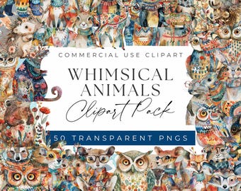 Boho Whimsical Animals Clipart Bundle – Quirky Watercolor PNGs