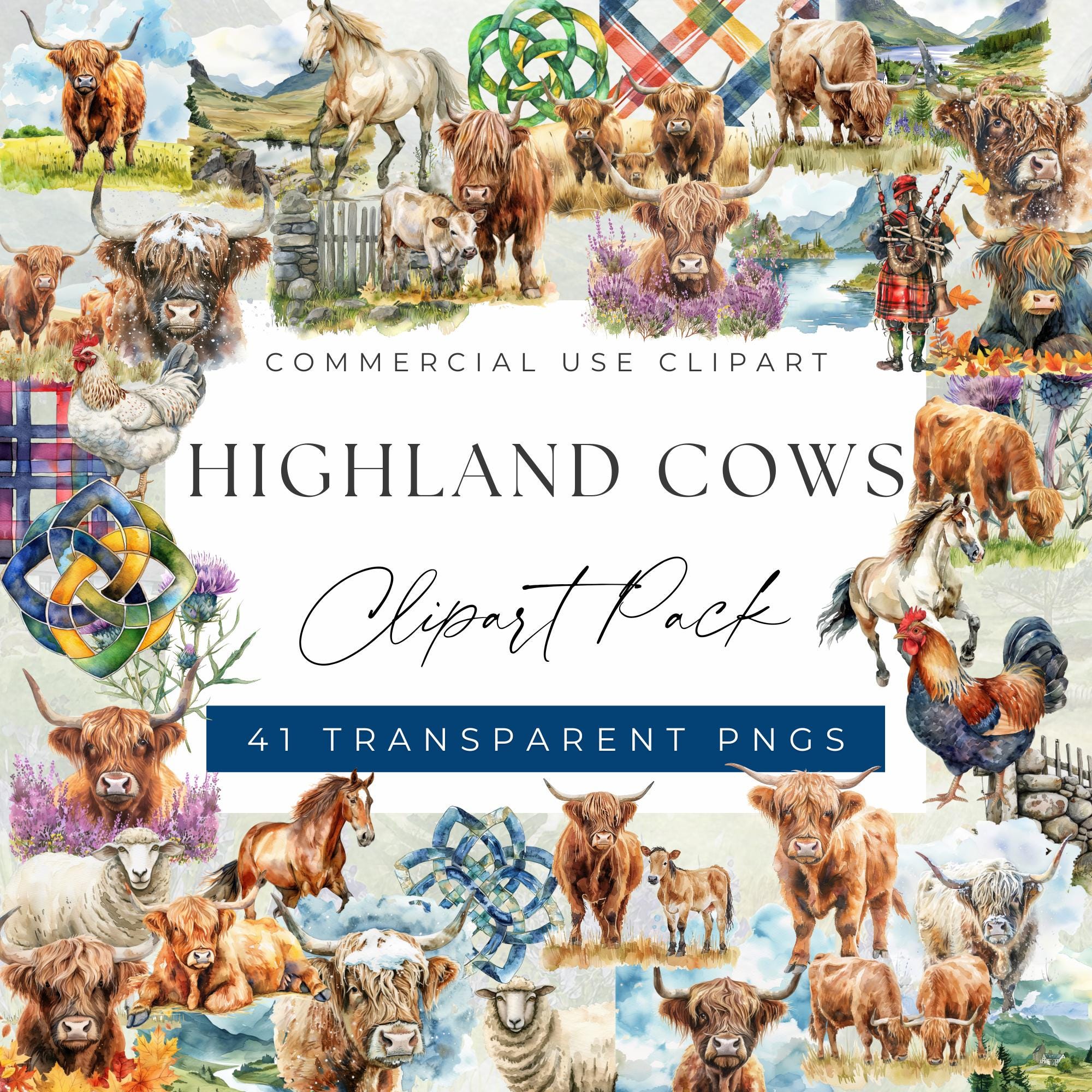 Scottish Highlands Clipart Bundle – Highland Cows, Celtic Symbols (PNG ...