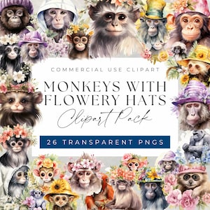 Pacote de clipart de macacos florais - clipart de macacos em chapéus floridos, clipart para uso comercial, PNGs transparentes