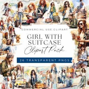 Traveling Girl Clipart Bundle - Stylish and Fun Travel Adventures clipart, Clipart for commercial use, Transparent PNGs