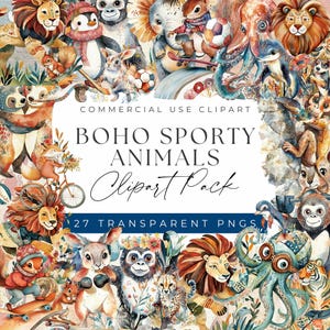 Boho sportliche Tiere Clipart - Känguru Boxen, Gepard Sprintend, Elefant Fußball spielen, Clipart für kommerzielle Nutzung, transparente PNGs