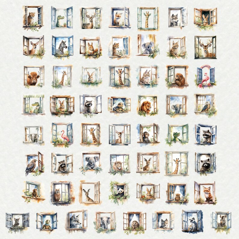 Animals in Windows Clipart Bundle – Playful Watercolor Pngs - Etsy