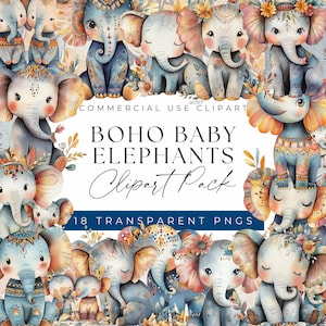 Boho Baby Elephants Clipart Set - Adorable Baby Elephant Illustrations for Nursery Decor, Baby Shower, For commercial use, Transparent PNGs
