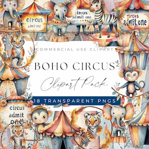 Boho Circus Clipart - Vintage Circus Tickets, Baby Circus Animals, and Circus Tent clipart, Clipart for commercial use, Transparent PNGs