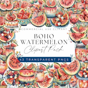 Boho Wassermelone Clipart - saftige Wassermelonenscheiben, Eis am Stiel, Smoothies, Sommer Dekor Digital, Clipart für kommerzielle Nutzung, transparente PNGs