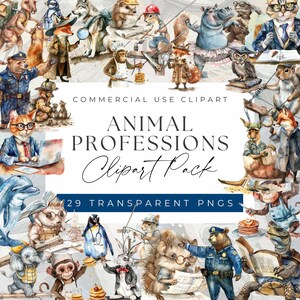 Puede incluir: Un paquete de clipart de acuarela con 29 animales diferentes en diversas profesiones. Los animales se representan en un estilo caprichoso, con cada animal vistiendo un disfraz y sosteniendo accesorios relacionados con su profesión. El paquete de clipart incluye una variedad de animales, incluyendo un gato, un perro, un zorro, un pingüino, un erizo, una ardilla, un hipopótamo, un canguro, una tortuga, un delfín, un mono, un elefante, un conejo, un lobo y un oso. El paquete de clipart es perfecto para crear invitaciones, tarjetas, páginas de álbum de recortes y otros proyectos creativos.