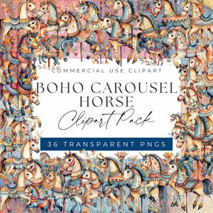 Boho Carousel Horse Clipart - Colorful Antique Carousel Horses for Digital Art, Nursery Decor, Clipart for commercial use, Transparent PNGs