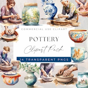 Pacote de clipart de técnicas de cerâmica artesanal - mãos moldando argila, vitrificação e pintura com pincel, clipart para uso comercial, PNGs transparentes