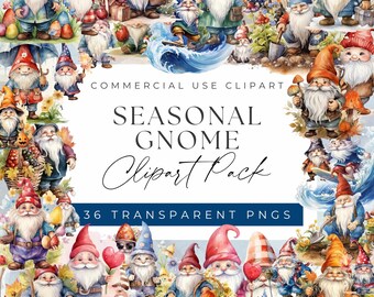 Seasonal Gnome Clipart Bundle – Watercolor Gnomes, Commercial Use (PNGs)