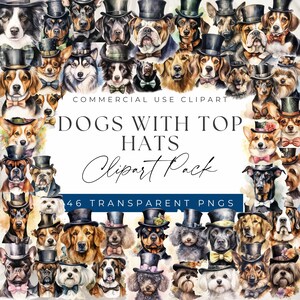 Pode incluir: Um pacote de clipart digital de 46 ilustrações de aquarela de cães com chapéus de cartola. Os cães são de várias raças e cores, e os chapéus são de diferentes estilos. O texto "Dogs with Top Hats Clipart Pack" está escrito em uma fonte decorativa na parte superior da imagem. O texto "46 Transparent PNGs" está escrito na parte inferior da imagem.
