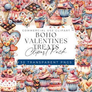 Boho Valentine’s Treats Clipart - Chocolate, Cupcake, Heart Cookie, Candy Graphics, Clipart for commercial use, Transparent PNGs