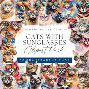 Bundle de cliparts chats cool - chats élégants avec des lunettes de soleil clipart, clipart à usage commercial, PNG transparents