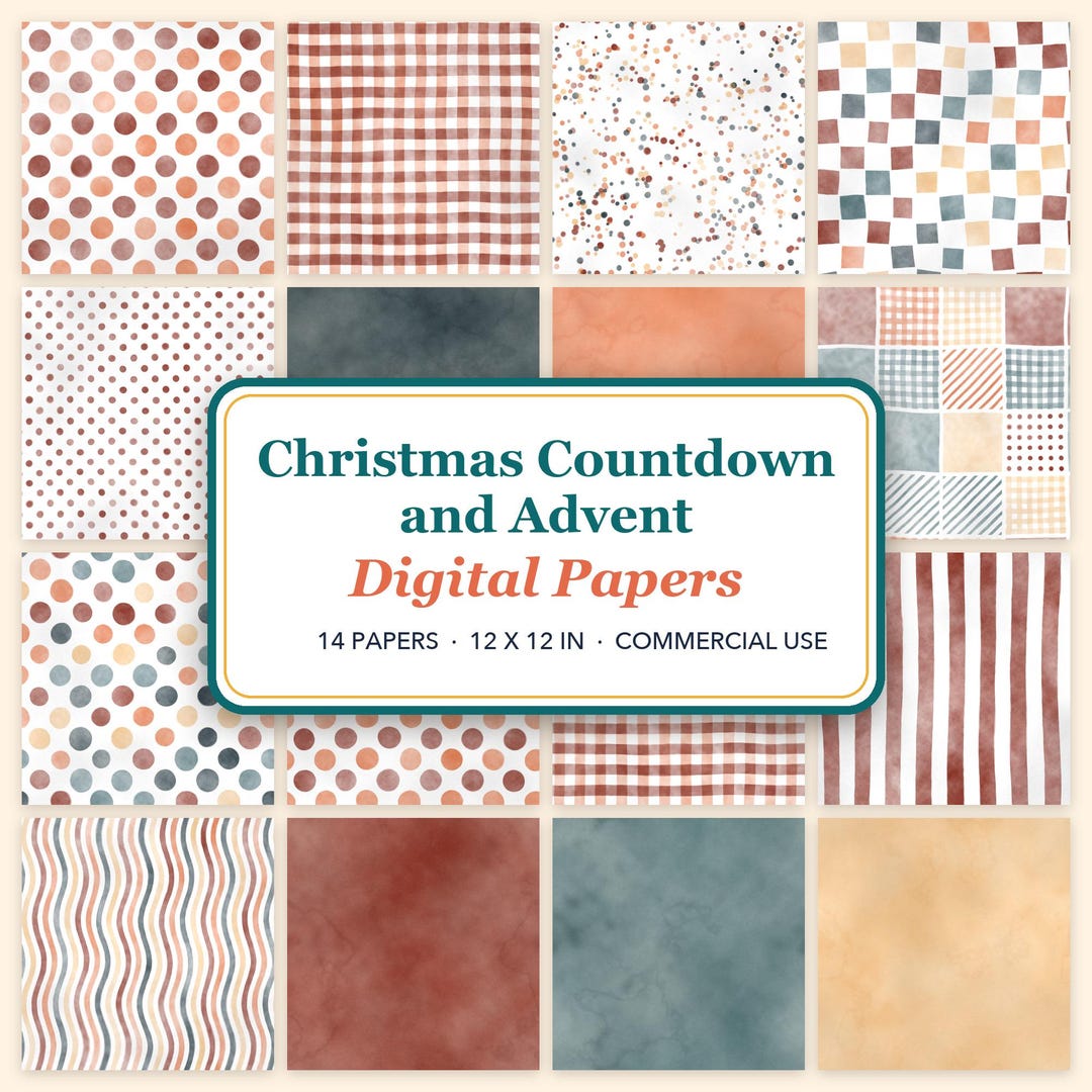 Christmas Countdown and Advent Digital Paper, Seamless Pattern, Gingham ...