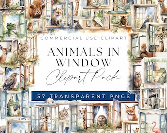 Animals in Windows Clipart Bundle – Playful Watercolor PNGs