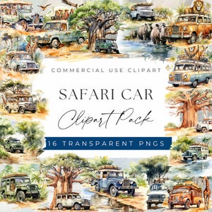 May include: Watercolor clipart pack featuring safari cars, animals, and African landscapes. The image includes various vintage vehicles in shades of green, blue, and orange, with text that reads "Safari Car Clipart Pack" and "16 Transparent PNGs."