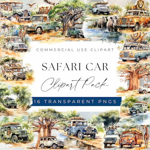 Watercolor Safari Car Clipart Bundle – Wildlife Adventure PNGs