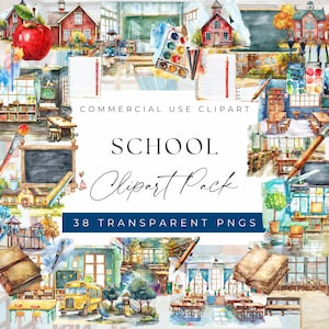 Pacote de clipart de volta às aulas - clipart de ônibus escolar, sala de aula, playground e suprimentos, clipart para uso comercial, PNGs transparentes