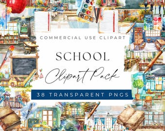 Pacchetto di clipart scolastiche ad acquerello - Ritorno a scuola, 38 PNG