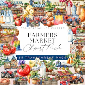Paquete de imágenes prediseñadas de Charming Farmers Market: artesanías hechas a mano, productos frescos, imágenes prediseñadas para uso comercial, PNG transparentes