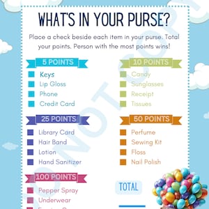 Up Inspired - What&#39;s In Your Purse Baby Shower Game