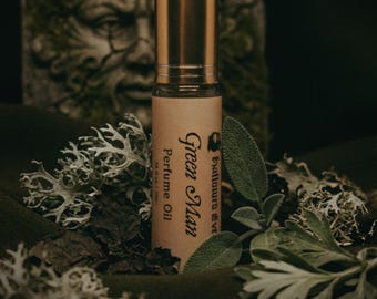 Green Man Natural Perfume Oil: Mossy Forest Scent, Patchouli, Oakmoss, Sage, Wormwood (10 ml roller)