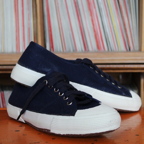 Vintage Italian Naval Blue Sneakers, Deck Shoes,  Un-worn Dead-Stock White Sole Plimsolls. Sizes 5 - 11 (EU39-45)