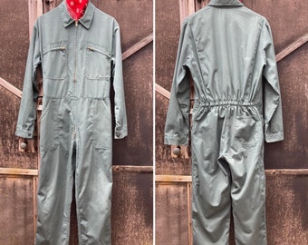 Size Medium French Vintage Coveralls,  1970's Green Boiler-suit, Worn Jumpsuit. B37