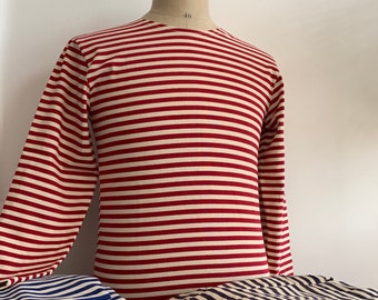 Red and White, Long Sleeve, 100% Woven Cotton, Marine Breton, Unisex Sailors Shirt, S/M/L/XL,