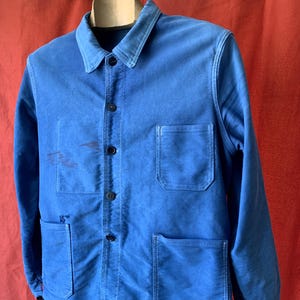 Außergewöhnliche Größe S / M, Französisch getragene Moleskin Arbeitsjacke, Vintage Blauer Chore Mantel. J74