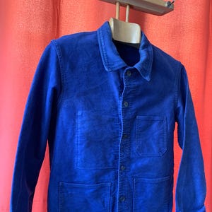 Size S/M, French Worn Moleskin Workwear Jacket, Vintage Blue Chore Coat. FJ132