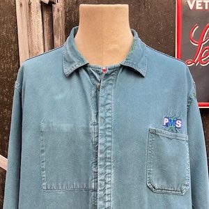 French 1960&#39;s Faded Green Workwear, Size XL, Worn Vintage Chore Coat, J96
