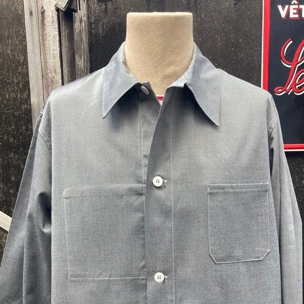 Vintage 1970's French Un-worn Chore Coat, Size L, Silver Dead-stock Workwear. J03