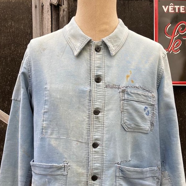 Exceptional French Worn Moleskin 1950's Workwear Jacket, Size M, Blue Chore Coat. J69