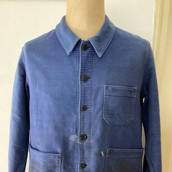 French Moleskin 1960's Workwear Jacket, Worn, Fading and Repairs, Size M, Vintage Koneco Chore Coat. J65