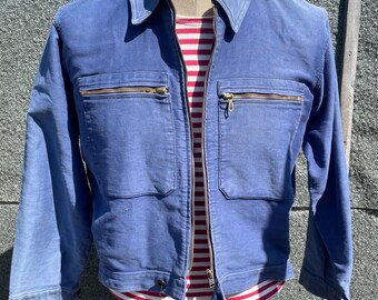 French Vintage Cycling Jacket, Size S/M, Faded Moleskin, 1940's