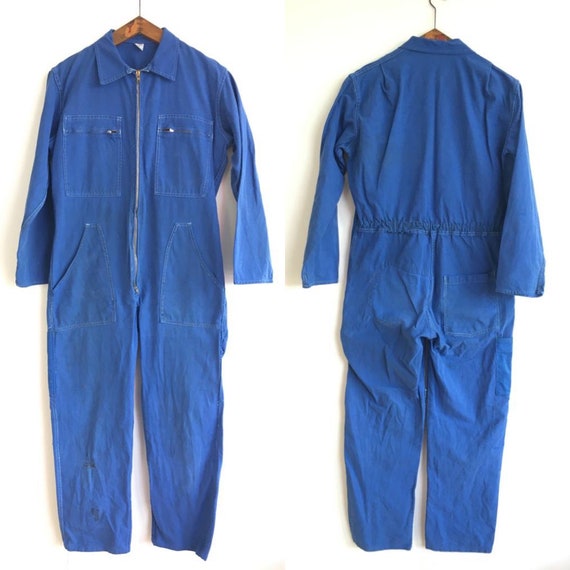 French Vintage Jumpsuit, Size M Blue Coveralls , B
