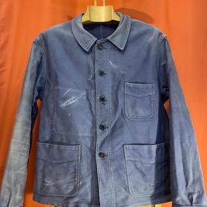 Size L, Exceptional 1940&#39;s Adolphe Lafont French Moleskin Workwear Jacket, Worn and Faded. Vintage Chore Coat. J06