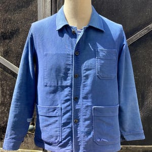 Size SMALL, Beautiful Worn/Repaired French Moleskin Workwear Jacket, 1960&#39;s Blue Chore Coat J108