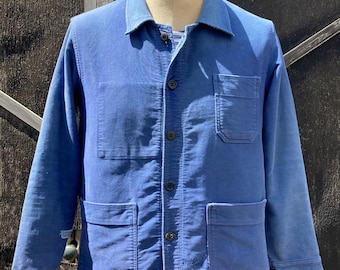 Size SMALL, Beautiful Worn/Repaired French Moleskin Workwear Jacket, 1960's Blue Chore Coat J108