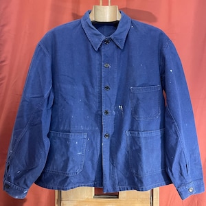 Size Large, French 1940&#39;s Cotton Workwear, Paint Stained Vintage Chore Coat. J111