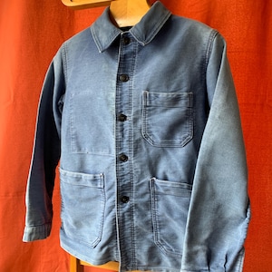 Size S, French Moleskin Workwear Jacket, 1960&#39;s Blue Chore Coat. Interior KONECO label. J05