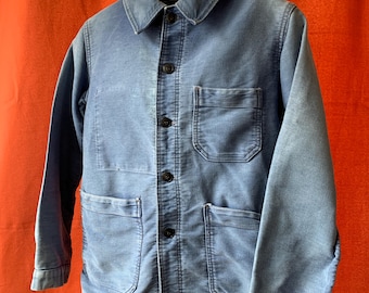 Size S, French Moleskin Workwear Jacket, 1960&#39;s Blue Chore Coat. Interior KONECO label. J05