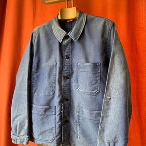 Exceptional French Moleskin Workwear Jacket, Size Large , Worn with Fading and Staining Vintage Chore Coat, FJ123