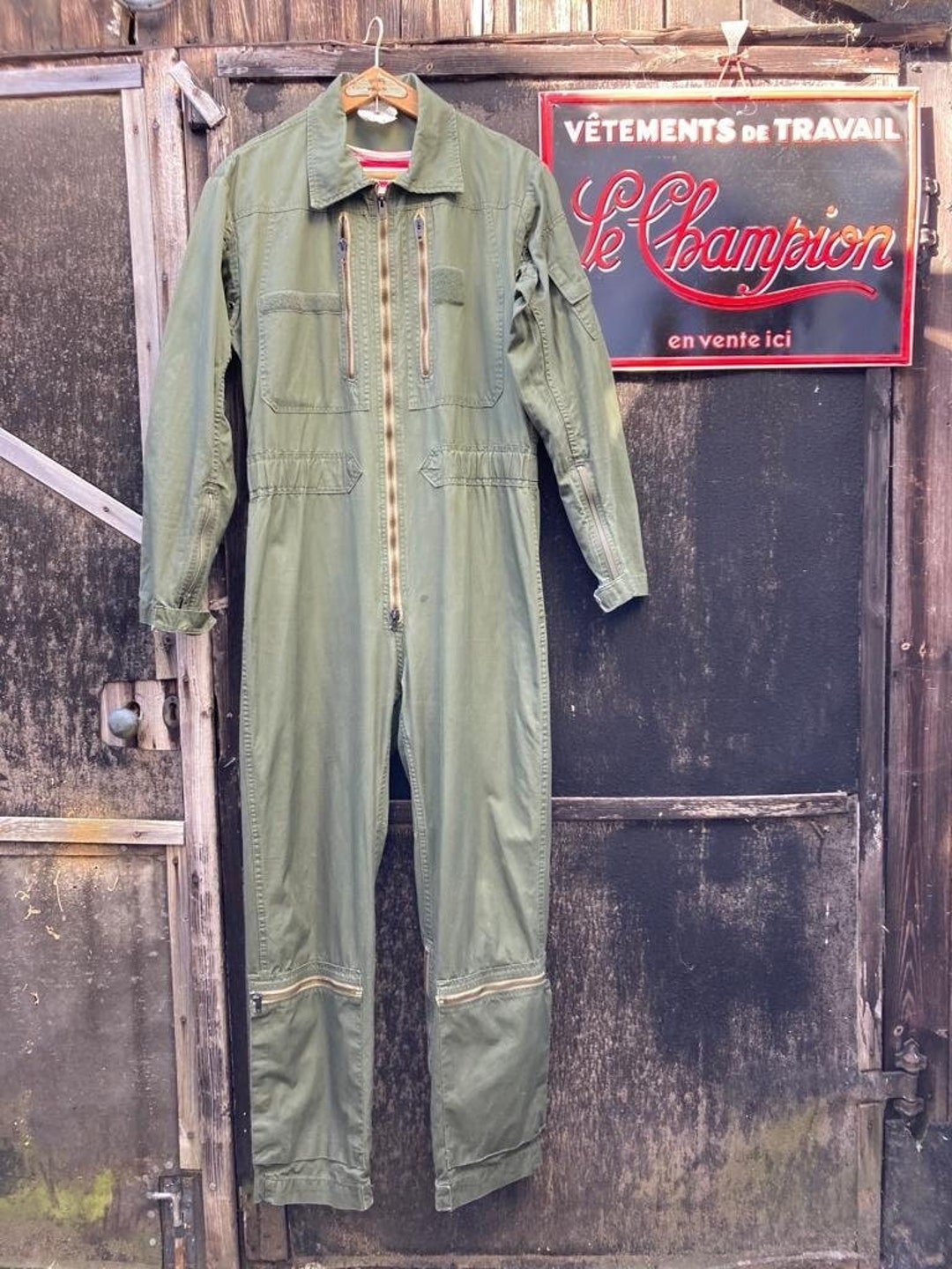 Genuine French air force military coverall double zip mechanic jumpsuit Olive